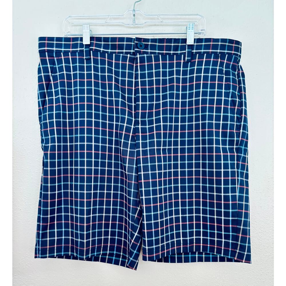 IZOD Mens Chino Golf Shorts Rubber Grip Size 38 Navy Plaid Preppy Classic